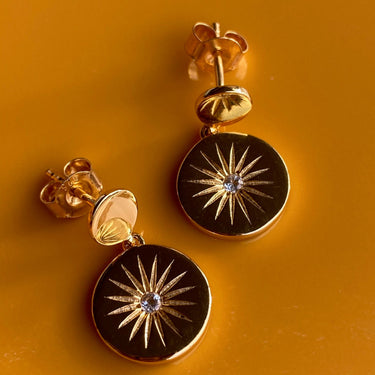 SOLEIL WHITE TOPAZ DISC DROP EARRINGS IN GOLD VERMEIL - EARRINGS from STELLAR 79 - Shop now at stellar79.com