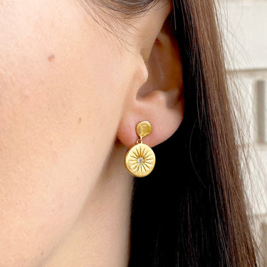 SOLEIL WHITE TOPAZ DISC DROP EARRINGS IN GOLD VERMEIL - EARRINGS from STELLAR 79 - Shop now at stellar79.com
