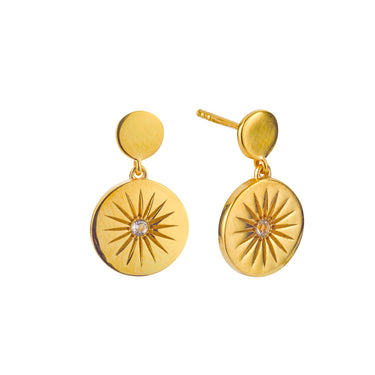 SOLEIL WHITE TOPAZ DISC DROP EARRINGS IN GOLD VERMEIL - EARRINGS from STELLAR 79 - Shop now at stellar79.com