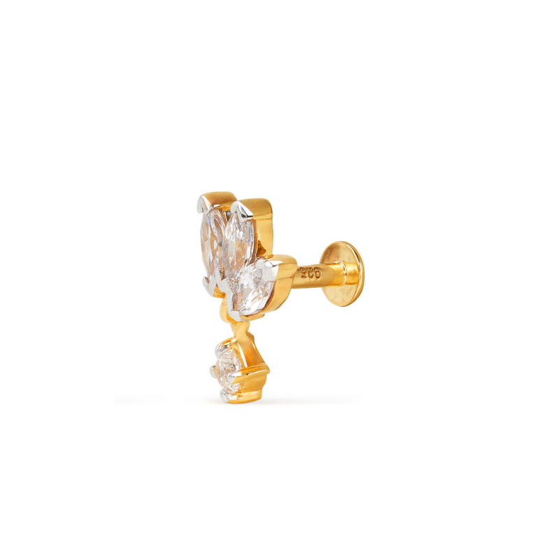 LOTUS THREADED STUD EARRING WITH MARQUISE AND ROUND WHITE CZ IN GOLD VERMEIL - EARRINGS from STELLAR 79 - Shop now at stellar79.com 